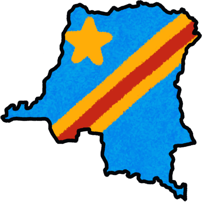 A land mass matching the shape of congo with a black outline and the interior matching the congo flag: blue with a yellow diagonal strip, red strip, then yellow again and a star in the top corner